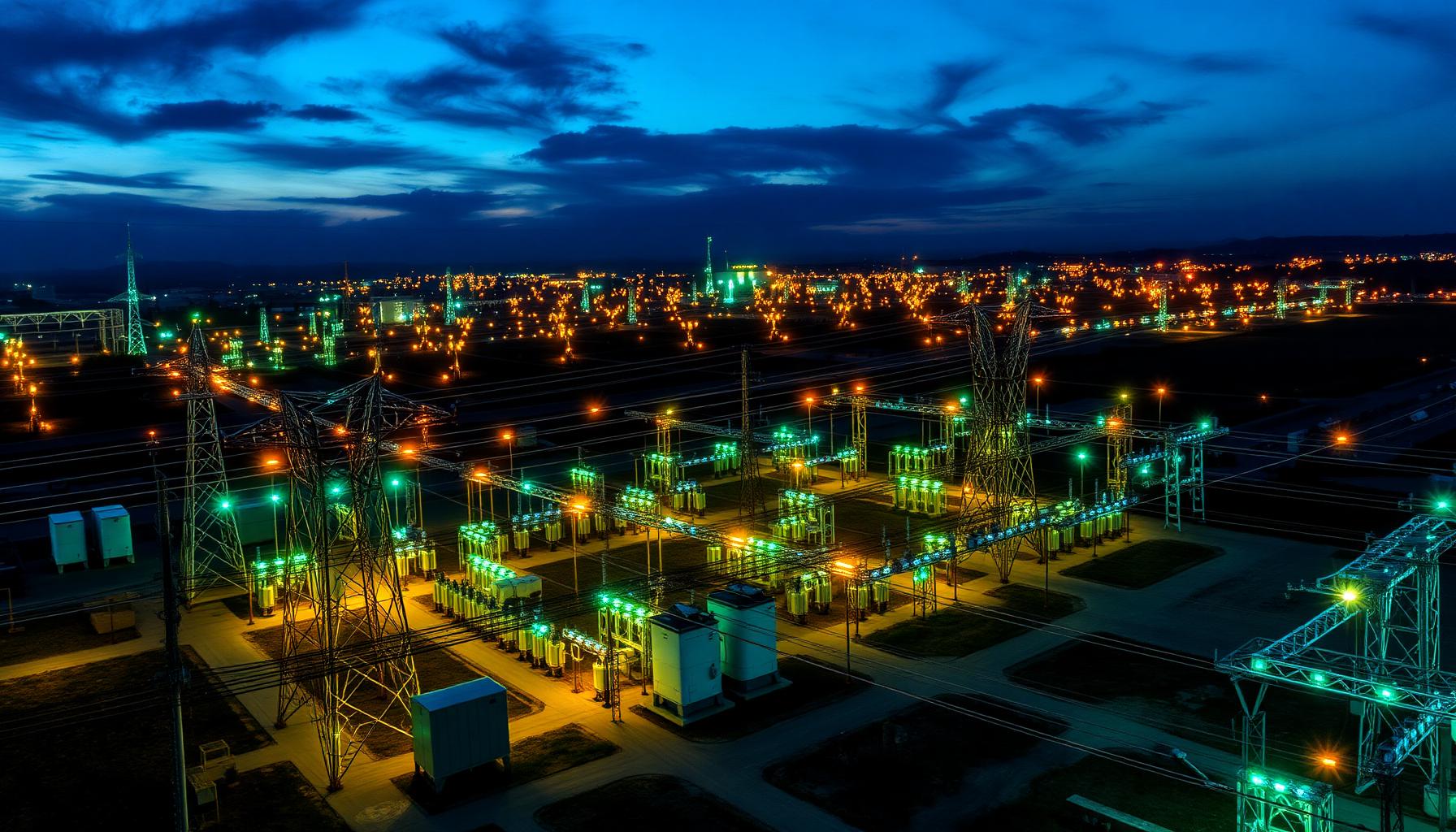 National power grid substation at dusk