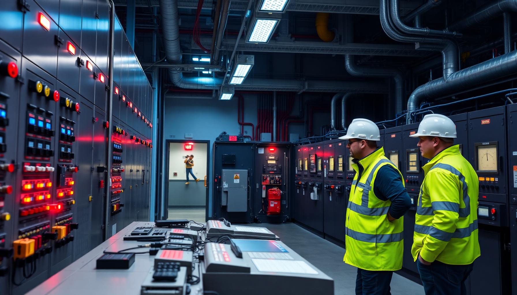 Engineers inspecting HT switchgear panels