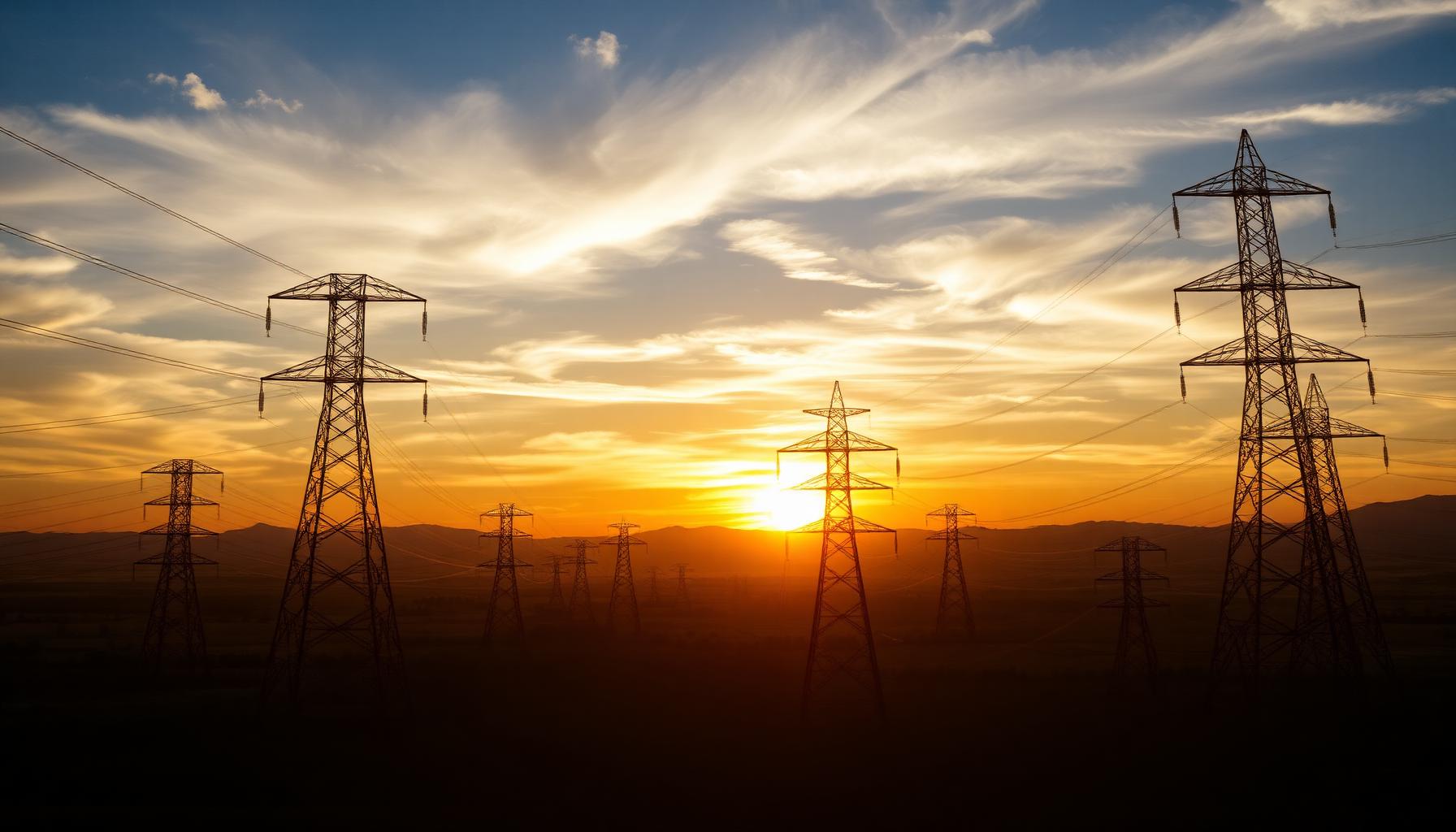 High-voltage transmission lines at sunset